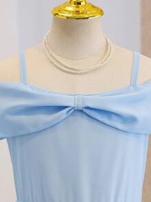 Tween Girls' Elegant Blue Sleeveless Chiffon Fitted Dress, Suitable For Evening Party, Christmas, Halloween, Wedding, Prom, Vacation, Graduation Season And Other Occasions - Blue - View 5