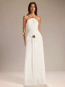 SHEIN BAE Đầm chữ A màu trắng trơn dành cho nữ, kiểu cổ yếm buộc dây eo, trang trí khóa kim loại, thích hợp cho đám cưới. - trắng - Xem 4