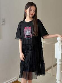 DAZY Tween Girls' Casual Cartoon Print Mesh Patchwork Summer Dress - Black - View 7