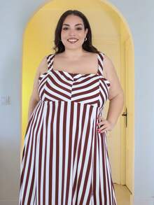 Pretty and Ole 女士优雅无袖条纹中长连衣裙，夏季 - 咖啡棕 - 查看 5