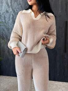 Vassilux 2pcs/Set Women Polo Collar Patchwork Contrast Color Pullover Sweater Top + Long Pants Suit, Autumn/Winter - Mocha Brown - View 5