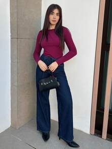 Hitanina 纯色圆领长袖保暖T恤女式上衣，秋冬季保暖内衬 - 酒紅色 - 查看 5