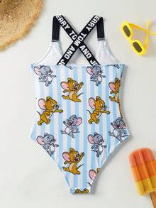 TOM & JERRY X SHEIN Tween Girl Cartoon Print Casual Jumpsuit Swimsuit - Blue and White - View 2
