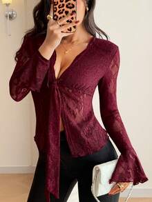 Islaluna 优雅蕾丝上衣 性感上衣 约会之夜上衣 开襟上衣 酒红色上衣 蝴蝶结上衣 夏季上衣 春假情人节沙滩上衣 优雅女士上衣 休闲女士红色上衣 - 酒紅色 - 查看 5