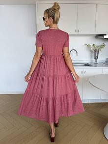 SHEIN Vestido de maternidad de unicolor con volantes en el bajo y cuello redondo de manga corta - Rosa - Ver 2