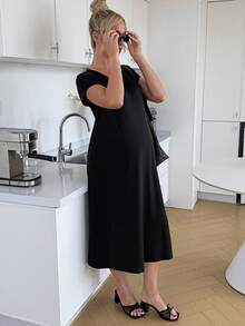 SHEIN Vestido casual de manga corta con cuello en V de unicolor para maternidad, /verano - Negro - Ver 7