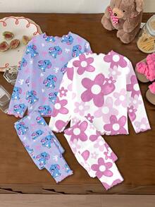 SHEIN LMoss Kids 少女可爱卡通蓝色兔子图案芭蕾舞风格睡衣套装，渐变花卉印花，粉色蝴蝶结印花，长袖长裤多件套，适合夏季、秋季、冬季休闲校园运动风、户外野餐、郊游、街头风、居家、上学等场合。 - 彩色 - 查看 2