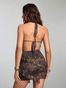 ROMWE Hippie Đầm đi biển phong cách retro Y2K với họa tiết da báo và hoa dành cho nữ, thích hợp cho mùa xuân/hè. - màu nâu - Xem 3