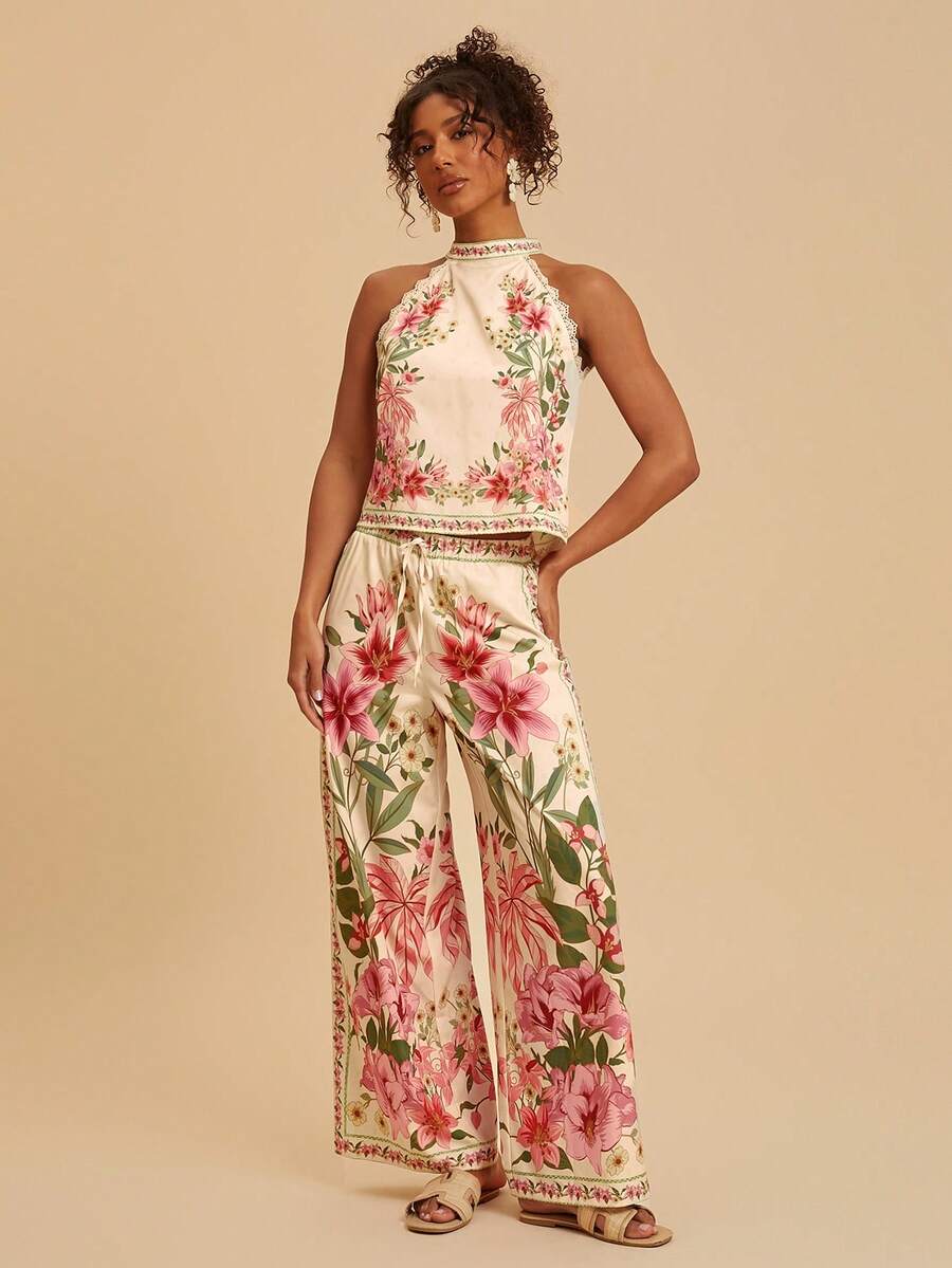 Travachic 两件套浪漫花卉边饰吊带背心和裤子套装 - 粉色 - 查看 1