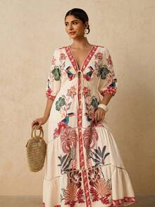 Travachic 大码女式蓝白碎花印花长款连衣裙，V领中袖浪漫度假连衣裙，蕾丝边饰长款连衣裙 - 紅色 - 查看 5