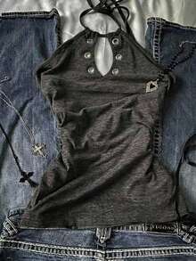 Attitoon Women's Y2K Style Metal Accent Halter Neck Tight Top, Summer - Dark Grey - View 1