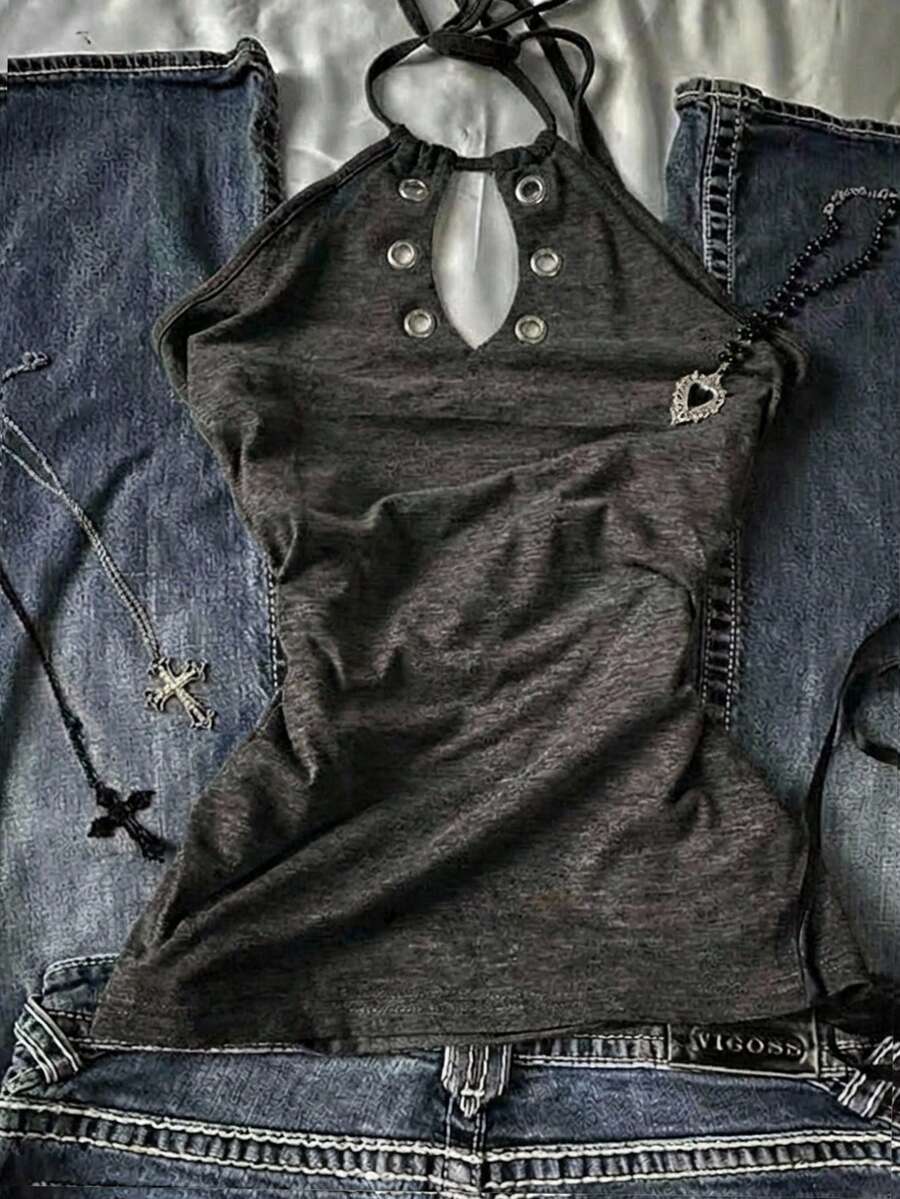 Attitoon Women's Y2K Style Metal Accent Halter Neck Tight Top, Summer - Dark Grey - View 1