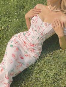 SHEIN MOD 女士粉色碎花露肩修身连衣裙 - 粉色 - 查看 3