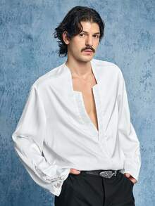 ROMWE MEN Street Life Men's V-Neck Contrast Lace Long Sleeve Fashionable Shirt - White - View 4