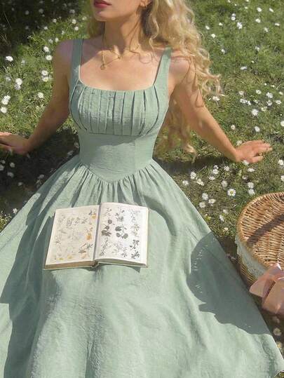 SHEIN MOD 女士纯色褶皱胸部优雅无袖中长连衣裙