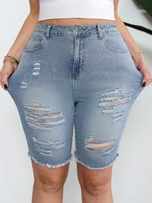SHEIN CURVE+ 大码做旧毛边斜插口袋修身牛仔短裤 - 中等水洗藍 - 查看 4