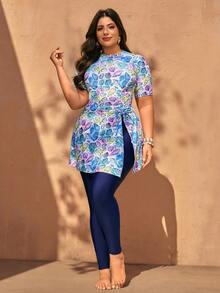 Swim Mulvari Plus Size Women Conservative Seashell Print Burkini - Black - View 4