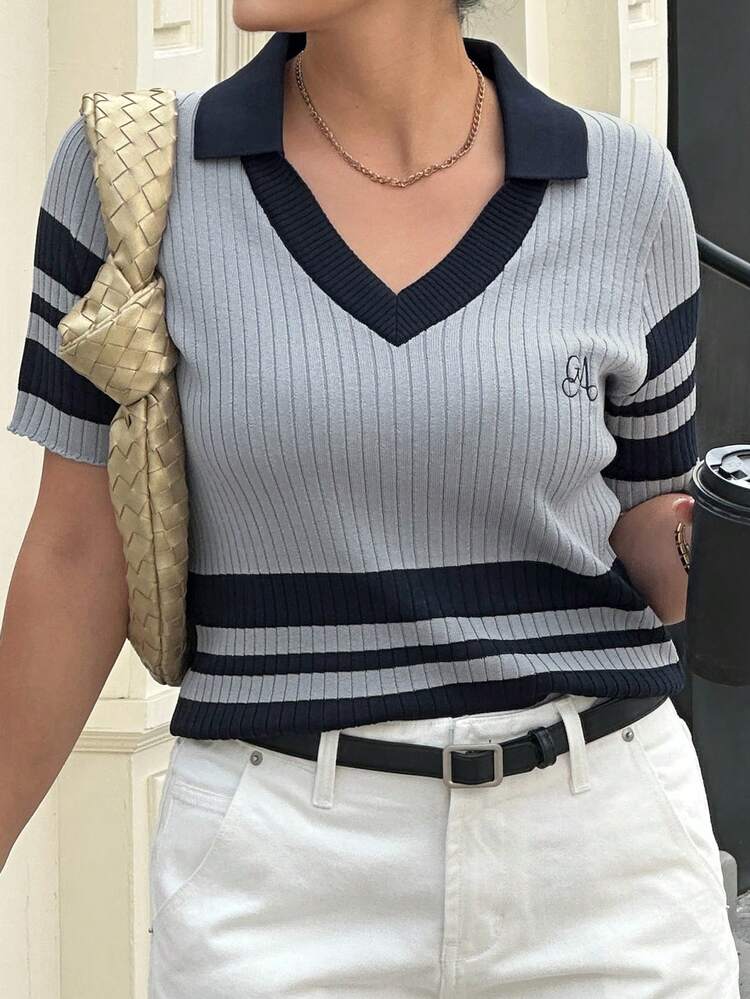 Dazy Plus Plus Size Women Letter Embroidery Striped Short Sleeve Casual Knit Top Summer