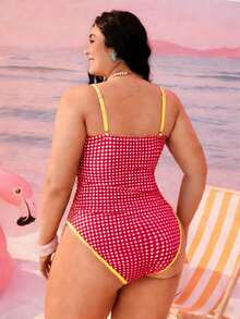 Swim Mod Bikini Wanita Ukuran Besar 2 Potong Motif Geometris Motif Flapper Musim Panas 1920-an Warna Kuning untuk Liburan Pantai, Pinggang Tinggi, Potongan Tinggi, dan Potongan Sederhana dengan Pita dan Potongan Tinggi. - Merah - View 2