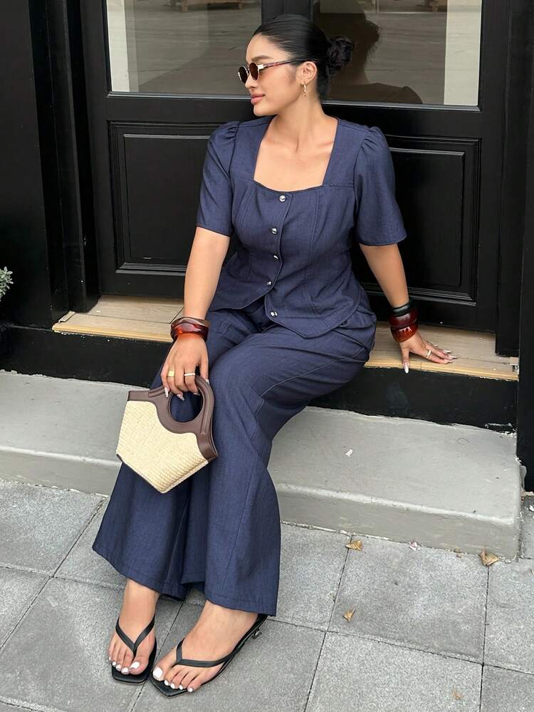 Dazy Plus Plus Size Women's Casual, Office, Commute Simple Solid Color Square Collar Puff Sleeve Fitted Shirt And Pleated Wide Leg Loose Pants 2-Piece Set, Spring/Summer/Autumn