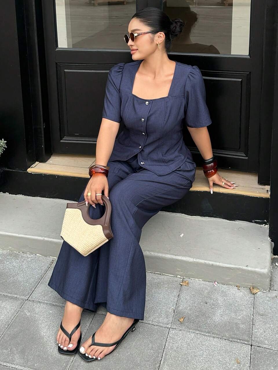 Dazy Plus Plus Size Women's Navy Blue Summer Smart Casual Everyday 2-Piece Set,Square Collar Puff Sleeve Fitted Shirt&Pleated Wide Leg Loose Pants Lounge Sets