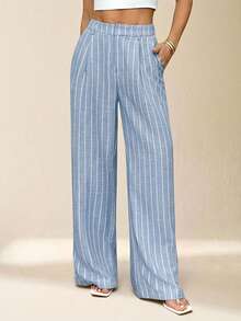 SHEIN PETITE 女士条纹长裤 夏威夷风情 女士办公套装 女士家居舒适裤 女士两件套 女士套装 秋冬款 - 藍色 - 查看 5
