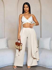 SOLERSUN Women's Elegant Layered Irregular Hem Flowy Low-Waisted Trousers - Apricot - View 1