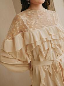 Anewsta Women's Long Sleeve Round Neck Lace Trim Dress,Cream Summer Elegant Party Flowy Chiffon Layered Ruffle Hem Ethereal Frilly French Style Wedding Dress - Apricot - View 2