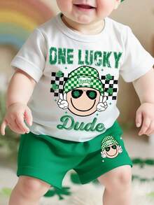 SHEIN GraphicGems Spring And Summer Toddler Boys Casual Fashion Creative Personalized Fresh Cute Kawaii Cartoon Face Green Plaid Hat, Clover, Star, Four-Leaf Clover Pattern Letter Slogan Print Casual Basic Short T-Shirt And Shorts Set, Comfortable Daily Wear Cozy Summer Styles Suitable For Spring And Summer Baby Boy Outfits - Multicolor - View 8