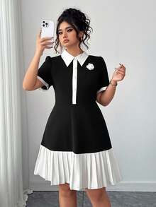 SHEIN CURVE+ Plus Size Summer Elegant Color Block Pleated Hem Dress - Black and White - View 4