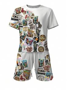 Manfinity Men's Casual Floral & Butterfly Print Round Neck Short Sleeve T-Shirt And Shorts Set, Summer - Multicolor - View 3