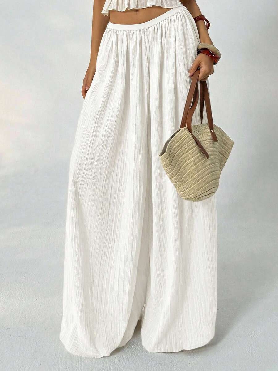 Aloruh Summer Loose Textured Casual Palazzo Pants - White - View 1