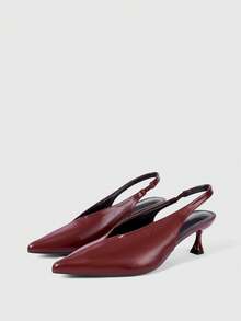 Sleekvia 女士尖头性感套脚酒红色PU后跟提拉带低帮春季鞋通勤细跟猫跟空心女鞋 - 酒紅色 - 查看 10