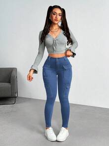 Flirla Celana Jeans Kargo Skinny Wanita Ukuran Plus, Gaya Kasual, Modis, Gaya Jalanan, untuk Perjalanan Sehari-hari, dengan Kantong Lipat. - Biru - View 6