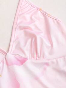 Sweetra Women's Pink Floral Print High Elasticity Deep V-Neck Camisole Tie-Up Fitted Low Waist Sexy Sweet Romantic Beach Vacation 2-Piece Set - Pink - View 4