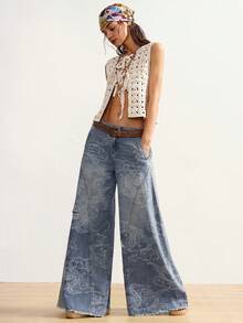 Bohemela 女士低腰时尚休闲水洗龙纹斜插口袋宽松破洞阔腿牛仔裤 Y2K 春夏女士嘉年华服装海滩度假女士休闲复古彩色牛仔裤。 - 深色水洗藍 - 查看 6