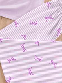 Purple Striped Bow Print, Tween Girls Casual Loungewear Set, Round Neck Short Sleeve Top And Loose Pants, 2pcs,Kids - Multicolor - View 6