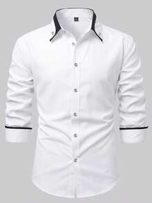 Manfinity Bizformal 男士撞色单排扣休闲百搭日常长袖衬衫 - 白色 - 查看 4