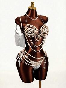 BamGleam Conjunto de bikini sexy con cuentas y conchas para vacaciones de verano de mujer - Beis - Ver 4