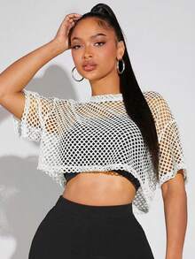 SHEIN SXY Áo croptop nữ màu trơn cổ tròn, vai rớt, khoét lỗ - trắng - Xem 5