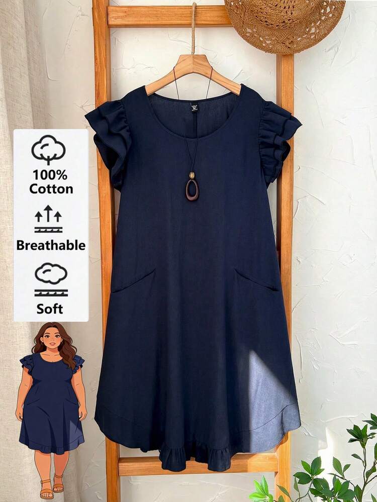 Plus Size Casual Solid Color Flutter Sleeve Dress For Summer/ Vacation  Summer Dress  Summer Outfits Summer Clothes Spring Dress Spring Outfit Women Spring Clothing Country Style For Women Country Dress For Women Curve Casual Dress