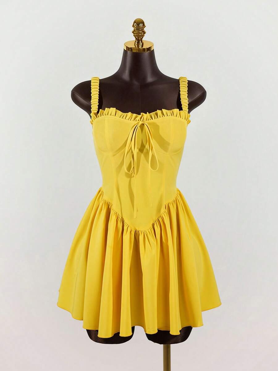 SaltGleam SaltGleam Women's Solid Color Frill Trim Front Tie Camisole Bodycon Dress - Yellow - View 1