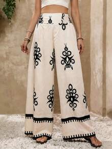 Balvessa Women's Floral Print Wide Leg Loose Pants - Khaki - View 1