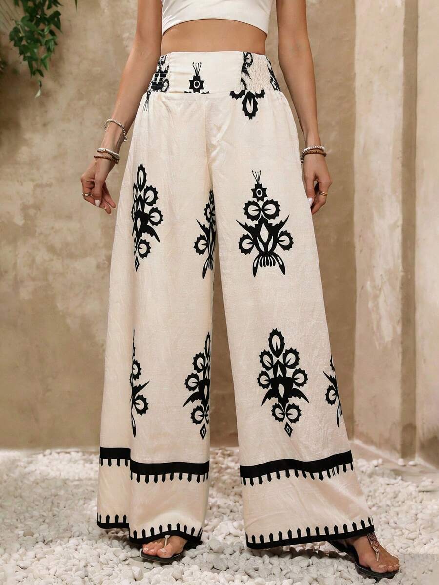 Balvessa Women's Floral Print Wide Leg Loose Pants - Khaki - View 1