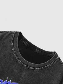Manfinity EMRG Men's Dark Grey Cotton Short Sleeve T-Shirt,Distressed Wash Effect Minimalist Design Streetwear For Summer,City Break,Relaxed Street Style Casual Wear - Black - View 3