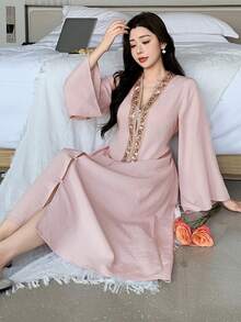 DAZY Elegant Sequin Decor Collar Open Front Long Women Robe - Pink - View 3