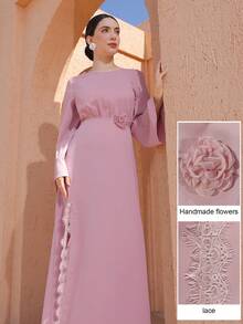 Graceveil 优雅花卉蕾丝拼接收腰开衩长袖派对都市连衣裙，粉色 - 藕粉色 - 查看 5