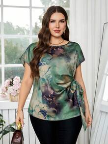 Reflora 大码女士优雅印花侧系带蝙蝠袖衬衫，夏季，嘉年华女士，时尚女士服装，外出，优雅衬衫 - 彩色 - 查看 4