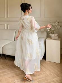 DAZY French Embroidery Niche Design Sense Elegant Loose Elegant Women Long Dress Maxi Dress Sundress - Beige - View 7