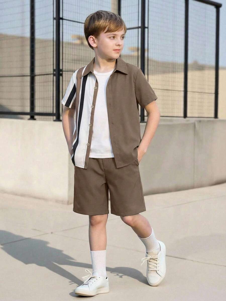 SHEIN Tween Boy Striped Print Shirt & Shorts Without Tee - Camel - View 1